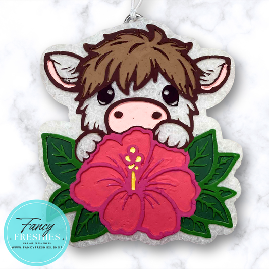 Highland Cow with Hibiscus Freshie