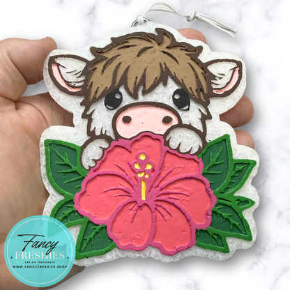 Highland Cow with Hibiscus Freshie